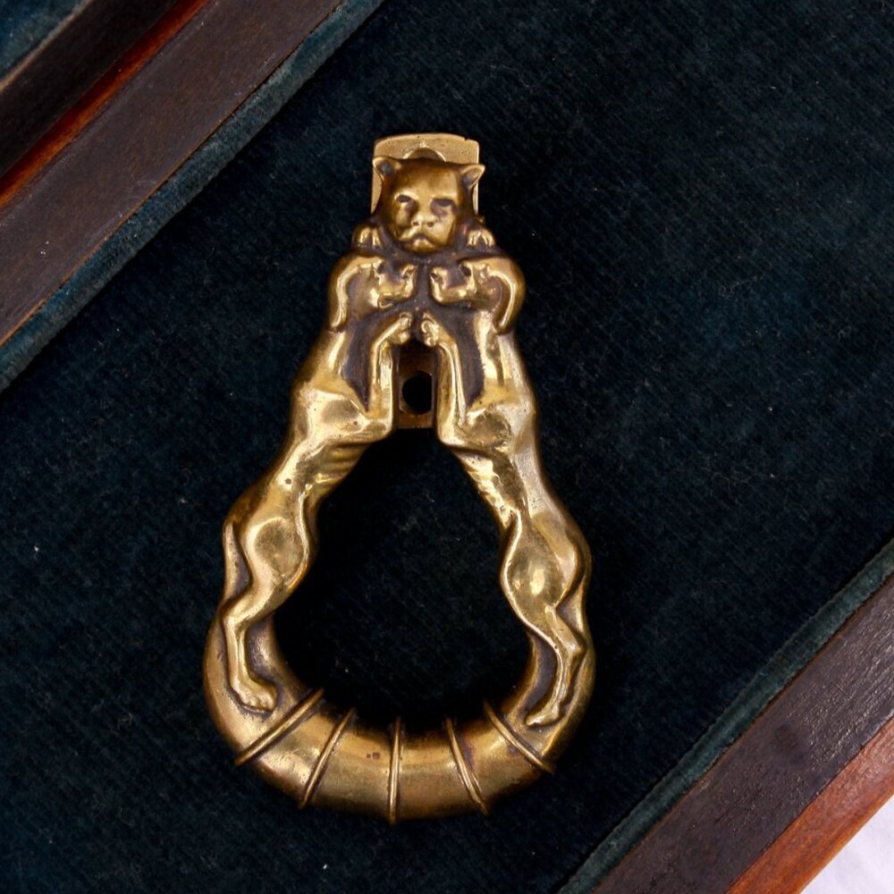Vintage brass door knocker cat and dogs, brass hounds knocker, hunting dogs and